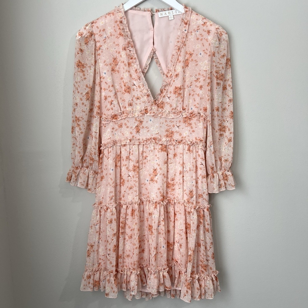 KARLIE Women's Small Floral Chiffon Light Pink Mini Dress Ruffle Zip Cutout Back